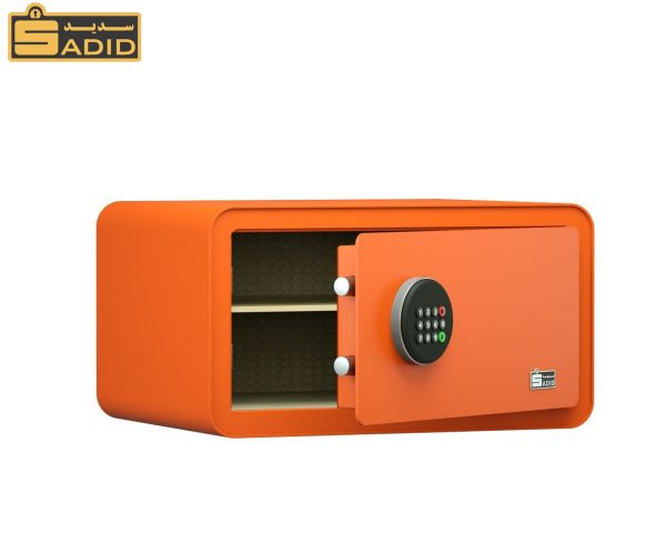 سیف باکس نارنجی با دو زبانه از جلو داخلی و قفل رمزی و کلیدی